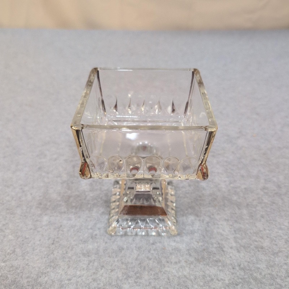 Vintage Clear Pressed Glass Square Pedestal Dish Gold Trim Thumbprint Pattern - Picture 2 of 9